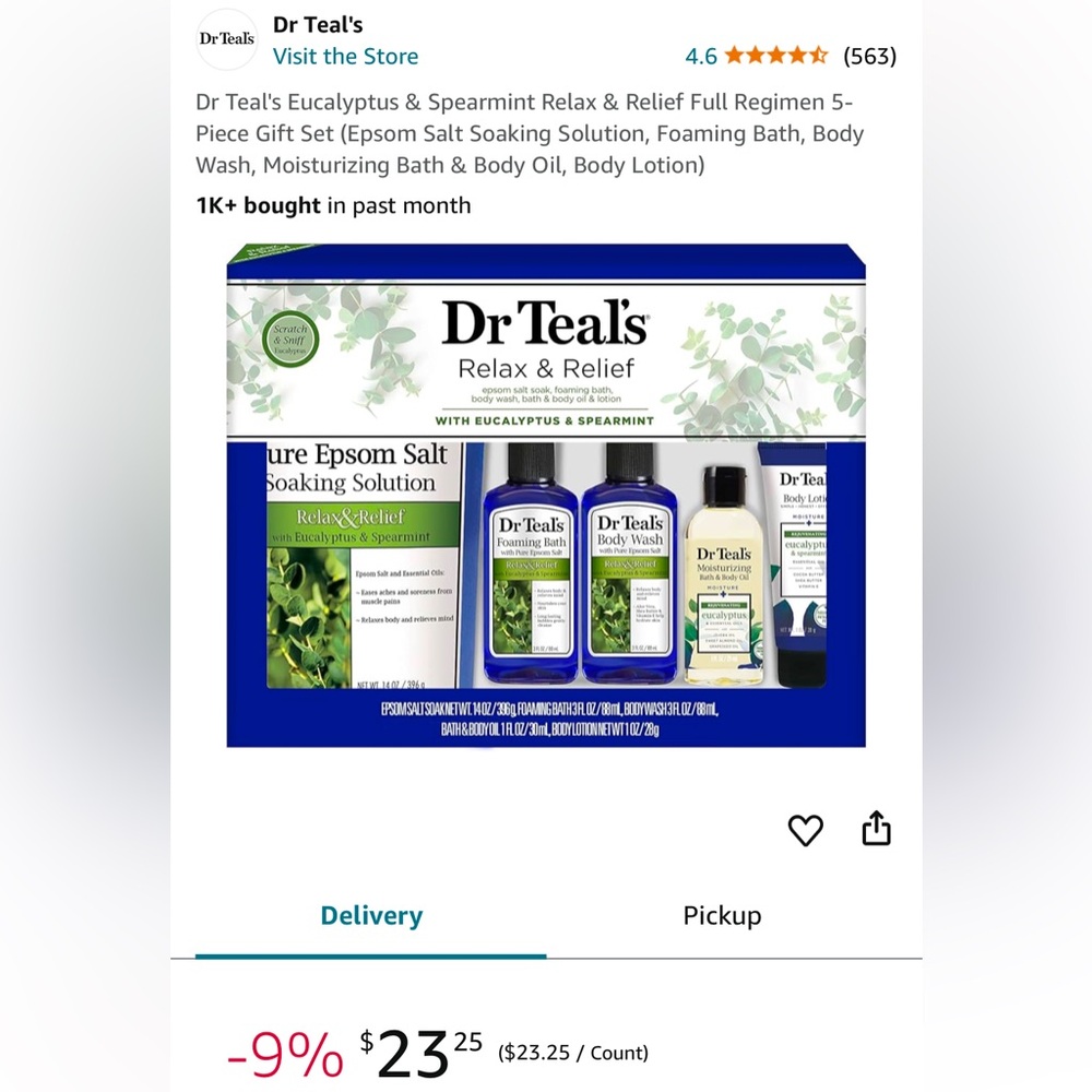 Dr. Teal’s  Eucalyptus & Spearmint Relax & Relief Gift Set.   Great Gift